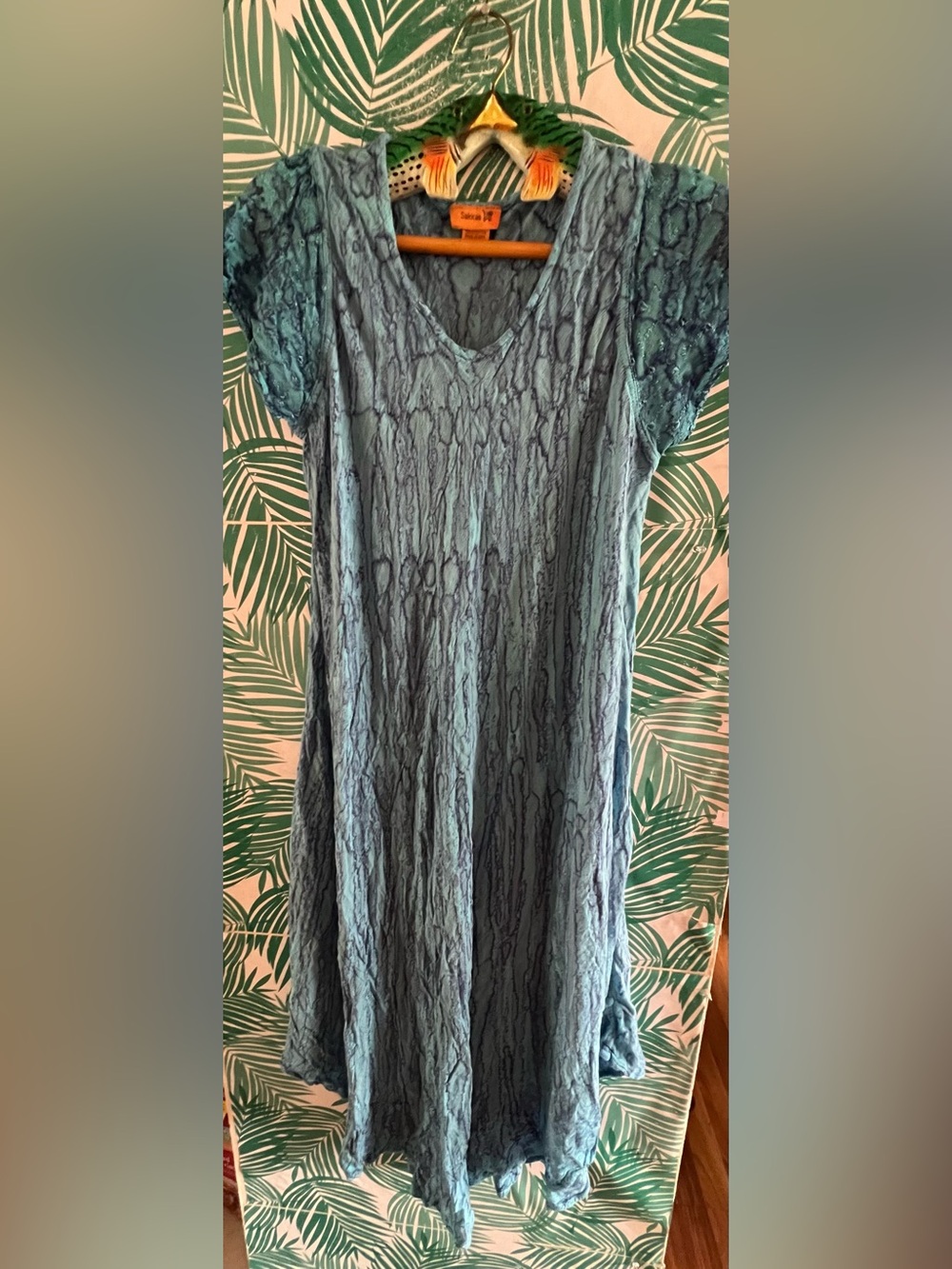 Sakkas Teal-Blue marbled Caftan Tunic/ Dress One Size 100% cotton Embroidered